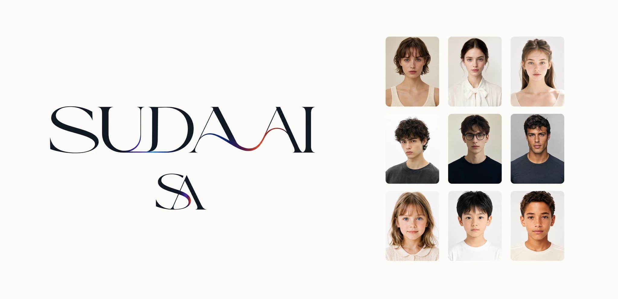 SUDA AI 品牌字样与九位不同人物组成的视觉矩阵